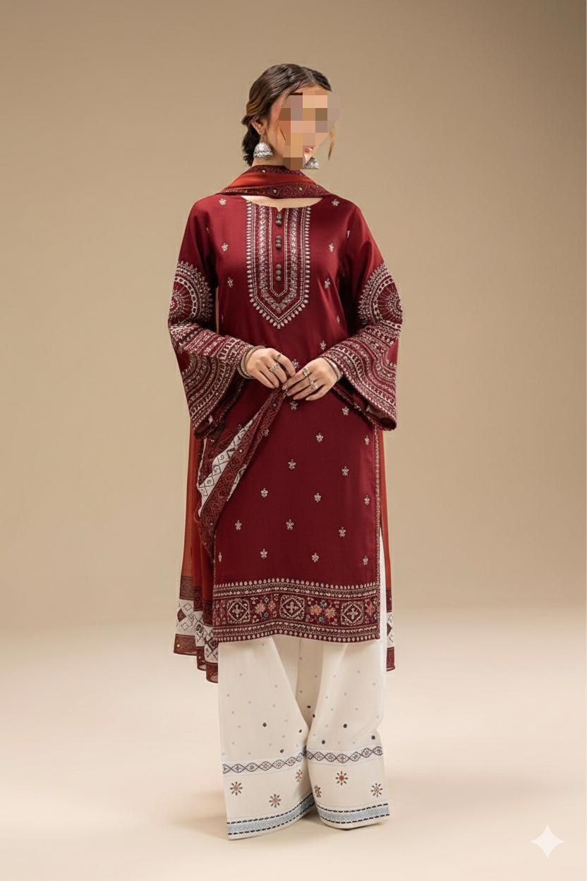 3 PIECE EMBRODID DRESS FOR WOMEN